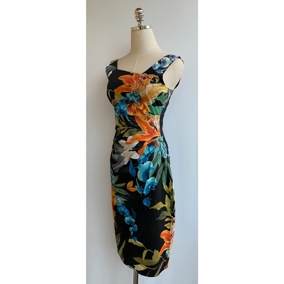 Karen Millen Bright Floral Lily Knee Length Asymmetric Dress US 6 - Picture 4 of 10